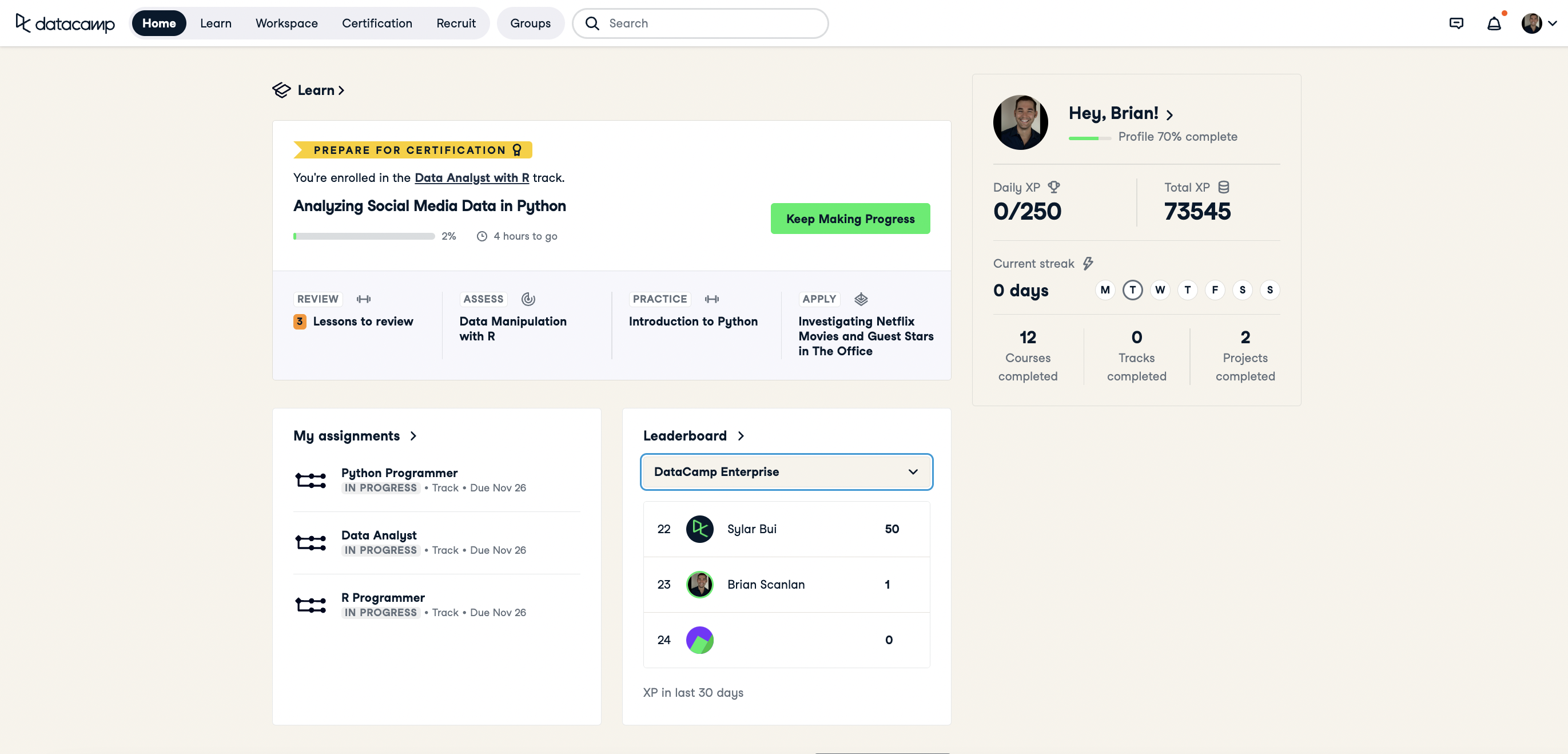 Navigating DataCamp: Learn Workspace Certification Groups