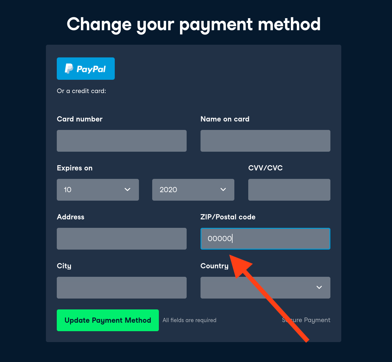 postal code on debit card visa